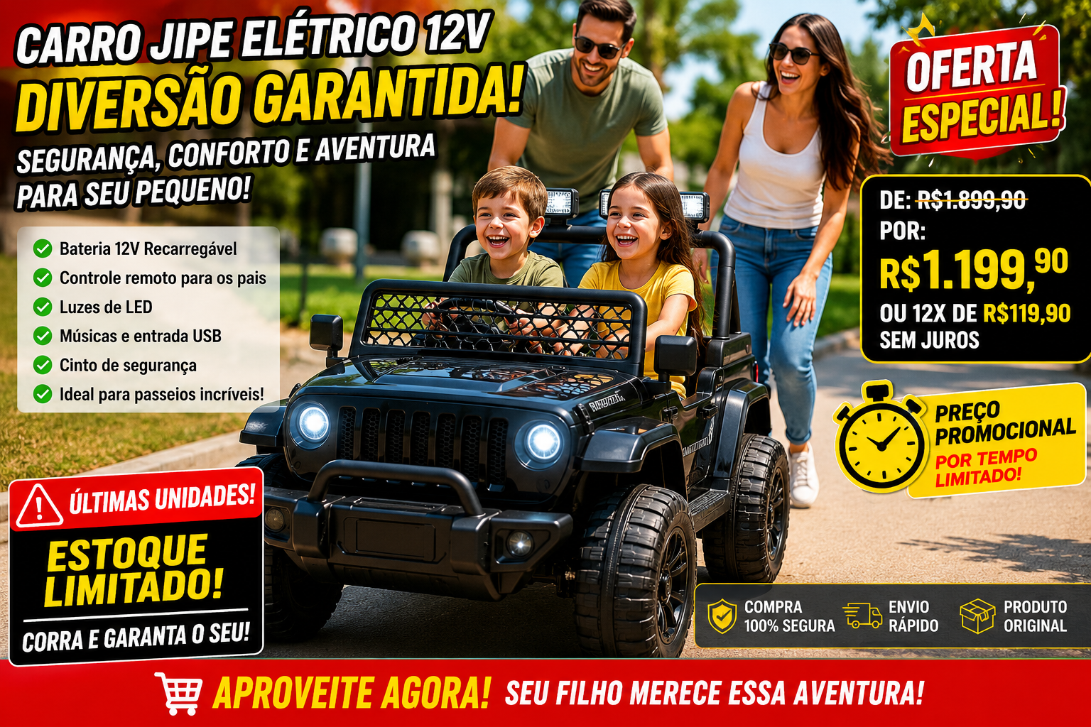 Carro Carrinho de Passeio Infantil Jipe Elétrico 12V