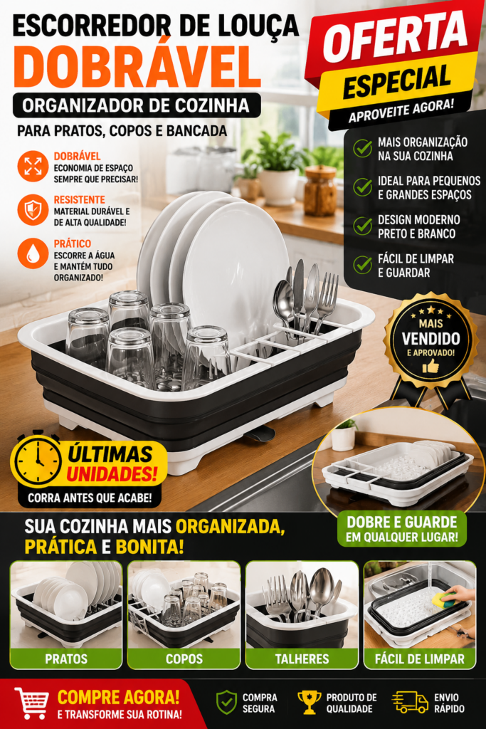 Escorredor de Louça Dobrável Organizador de Cozinha