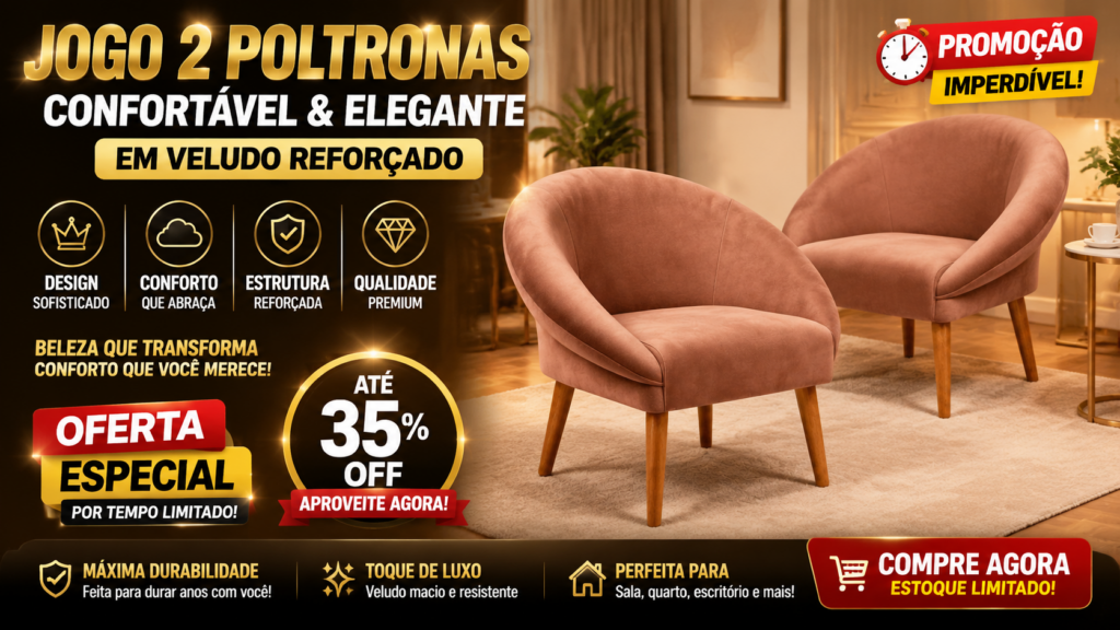Jogo 2 Poltronas Confortável Elegante em Veludo Reforçado