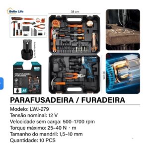 20 Produtos Escondidos Alta Conversão 16 Maleta Ferramentas Completa Luatek LWJ-279 Parafusadeira 12V 2 Baterias